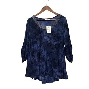 CATO Womens Tunic Top Plus Sz 18/20W Blue Floral‎ Sequined Scoop Neck Ruched 3/4